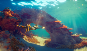 Swimming through an arch in Subnautica 2