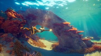 Swimming through an arch in Subnautica 2