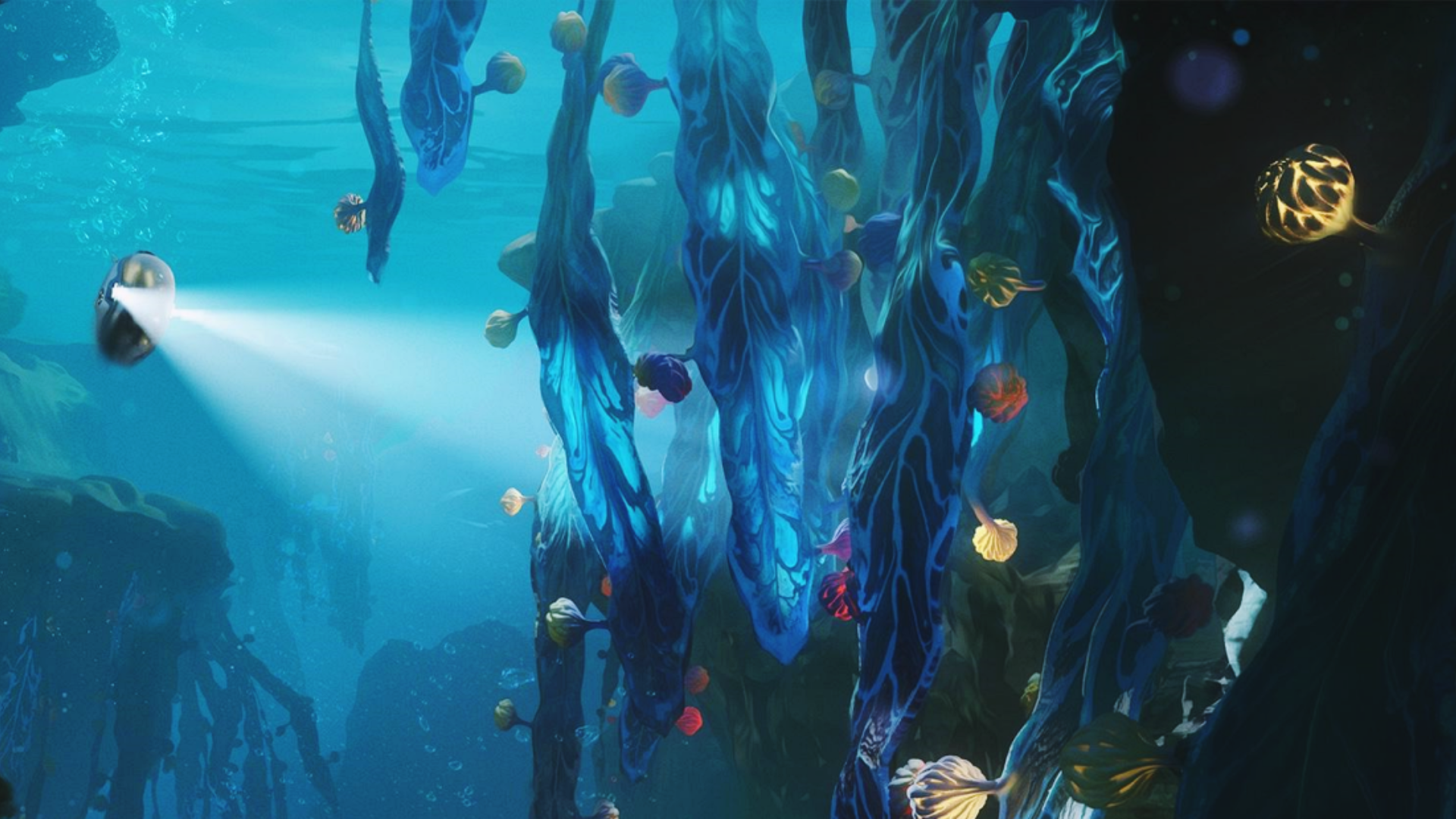 A submersible moving towards plant life in Subnautica 2