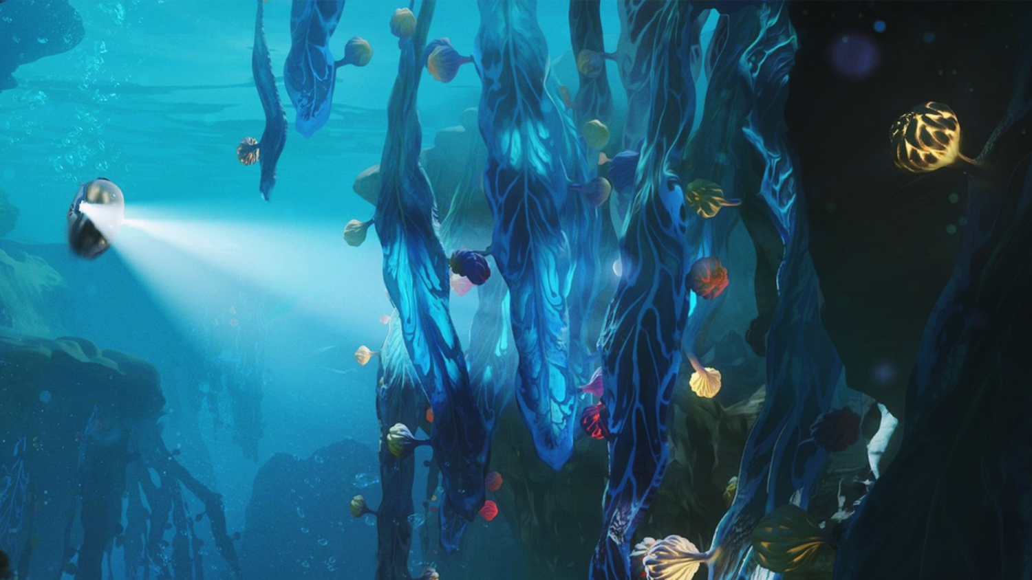 A submersible moving towards plant life in Subnautica 2