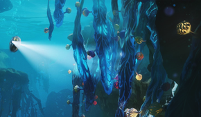 A submersible moving towards plant life in Subnautica 2