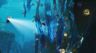 A submersible moving towards plant life in Subnautica 2