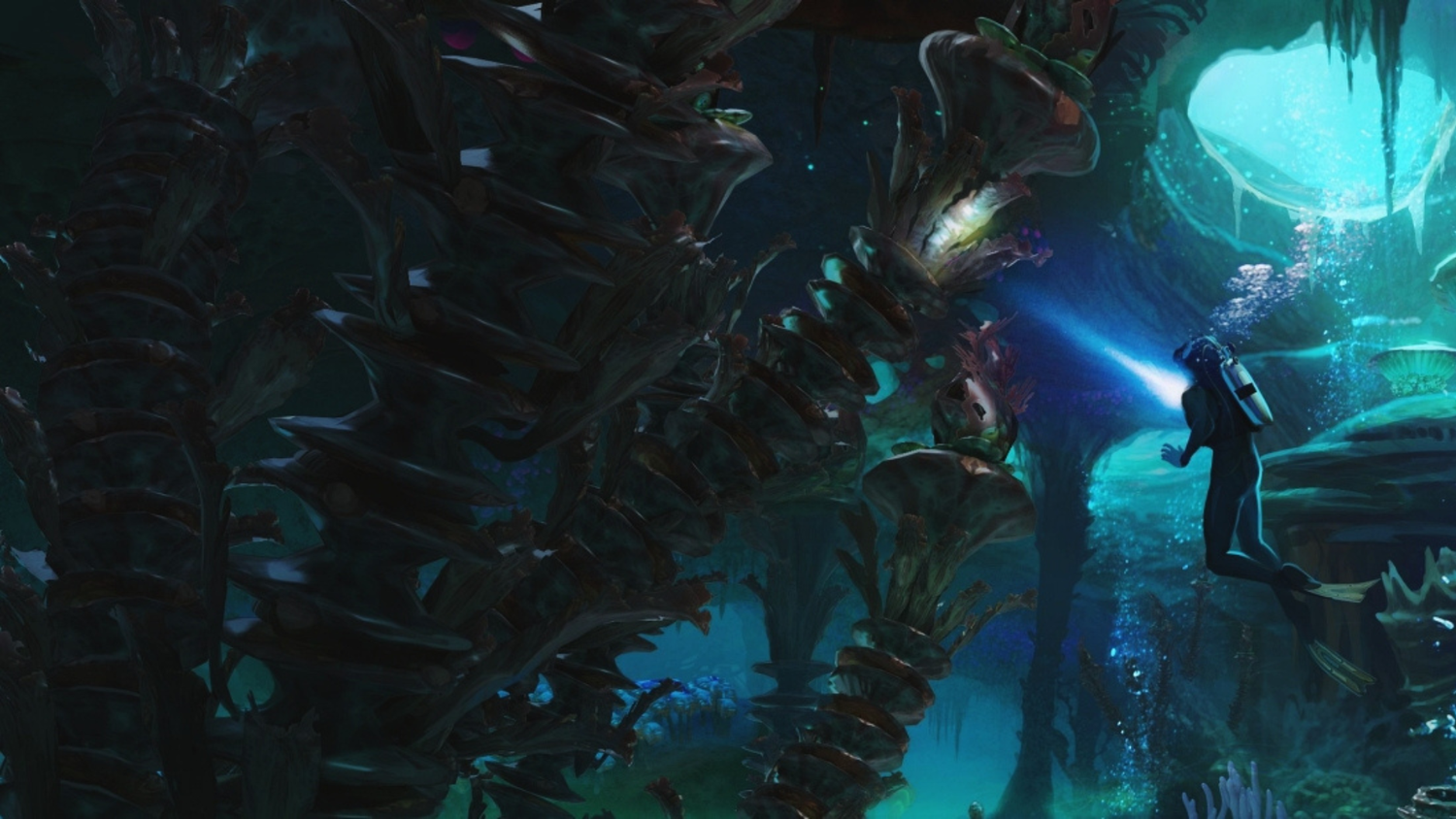 A diver next to kelp in Subnautica 2
