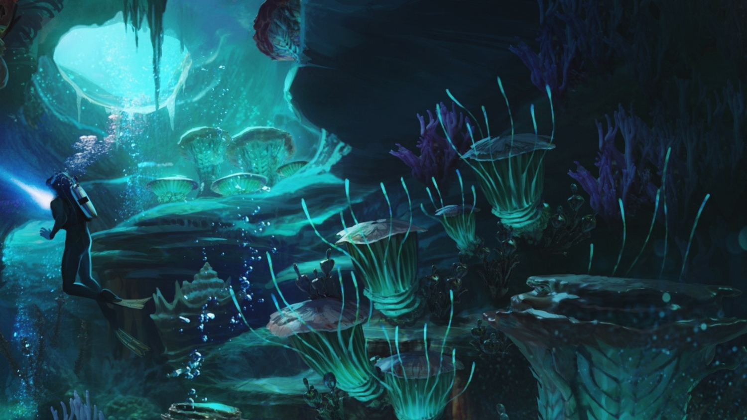 A diver in a cave in Subnautica 2