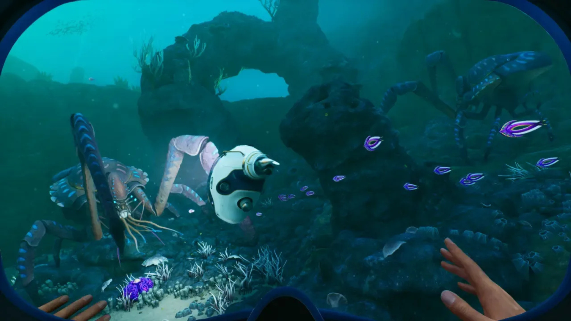 A crab attacking a tadpole in Subnautica 2