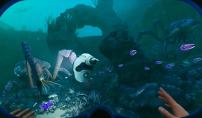 A crab attacking a tadpole in Subnautica 2
