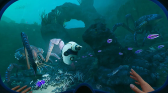 A crab attacking a tadpole in Subnautica 2