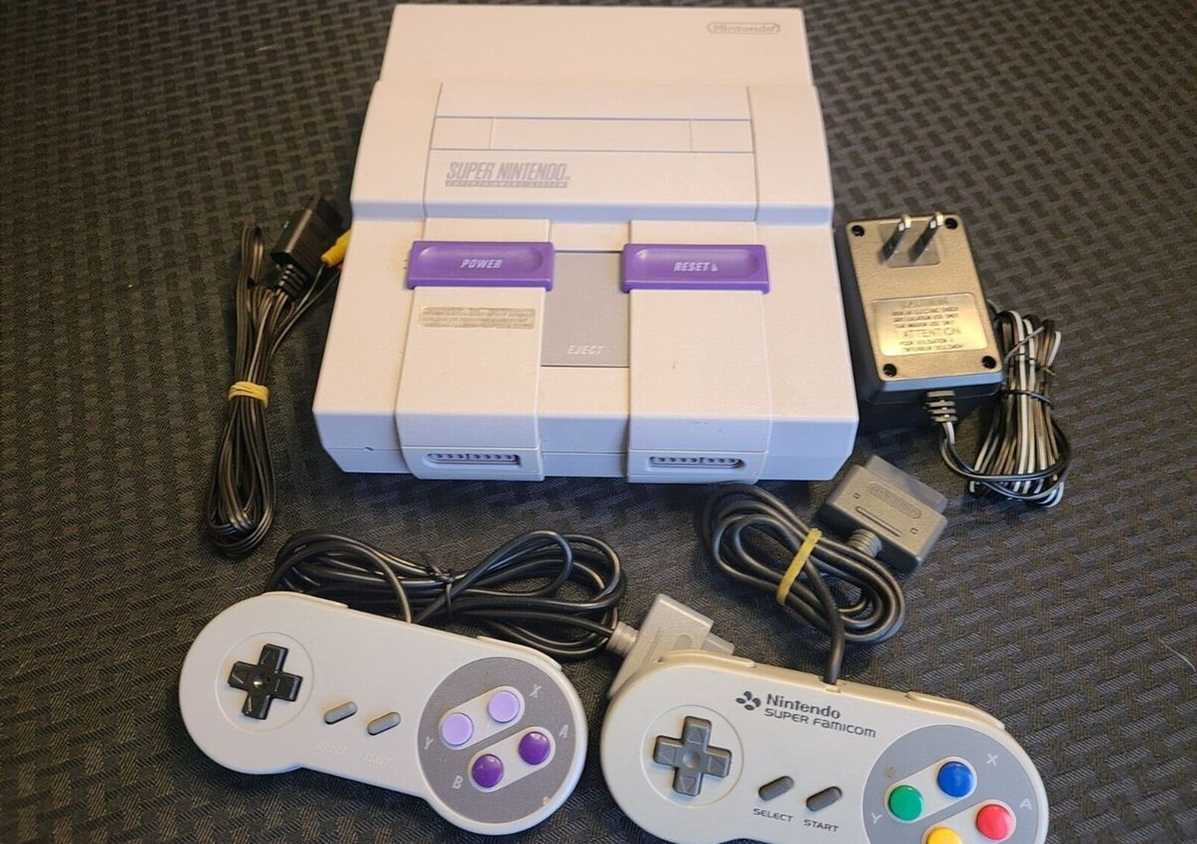 A shot of the Super Nintendo console with controllers