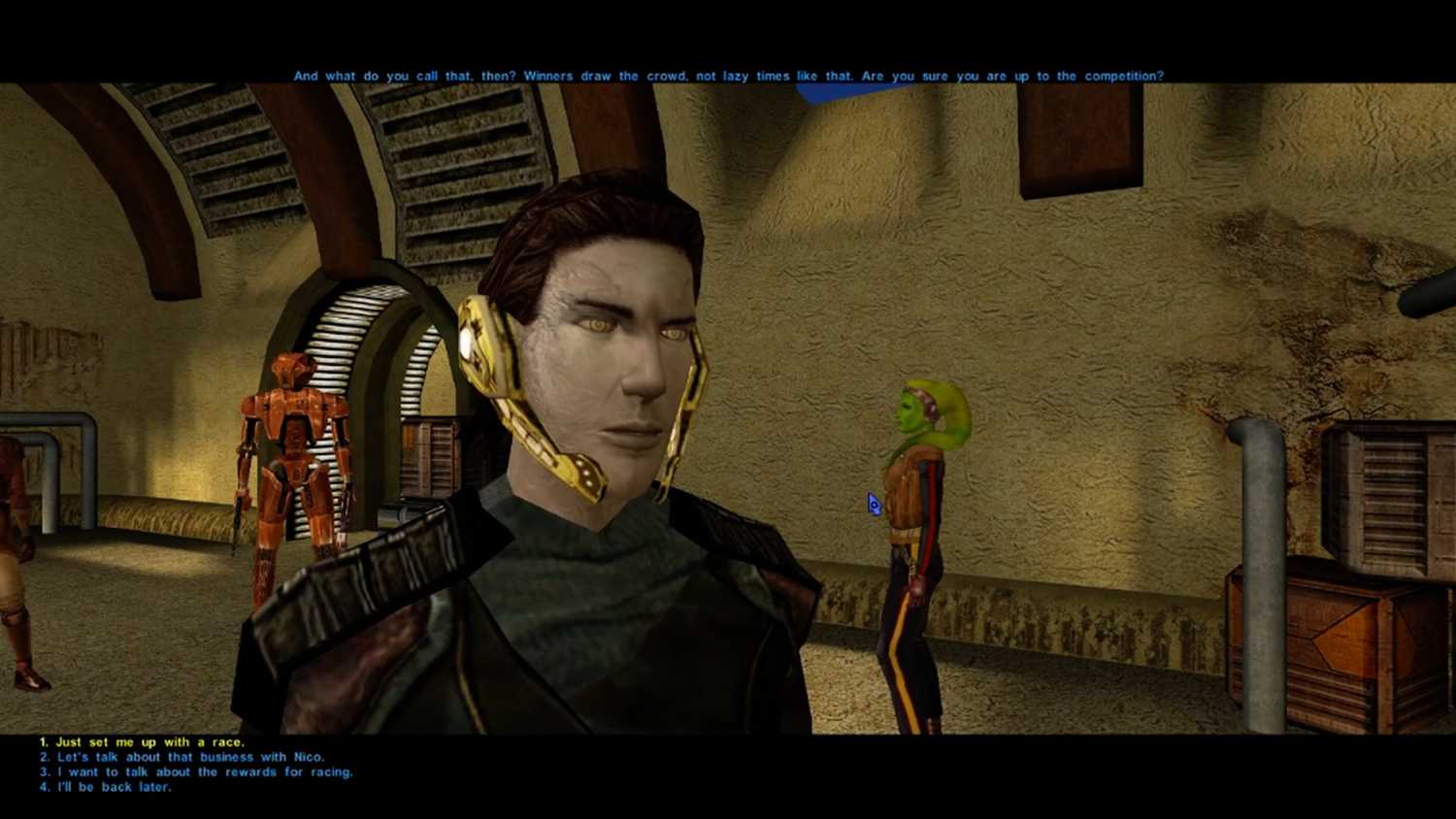 A screenshot of the player character looking to enter a Swoop Race in Star Wars: Knight of the Old Republic