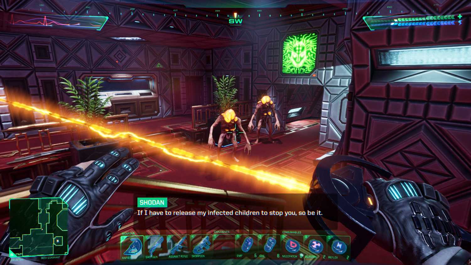Holding a plasma rapier in System Shock 2023.
