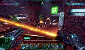 Holding a plasma rapier in System Shock 2023.
