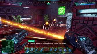 Holding a plasma rapier in System Shock 2023.