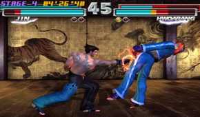 A screenshot of a match with Jin and Hwoarang in Tekken Tag Tournament