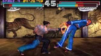 A screenshot of a match with Jin and Hwoarang in Tekken Tag Tournament