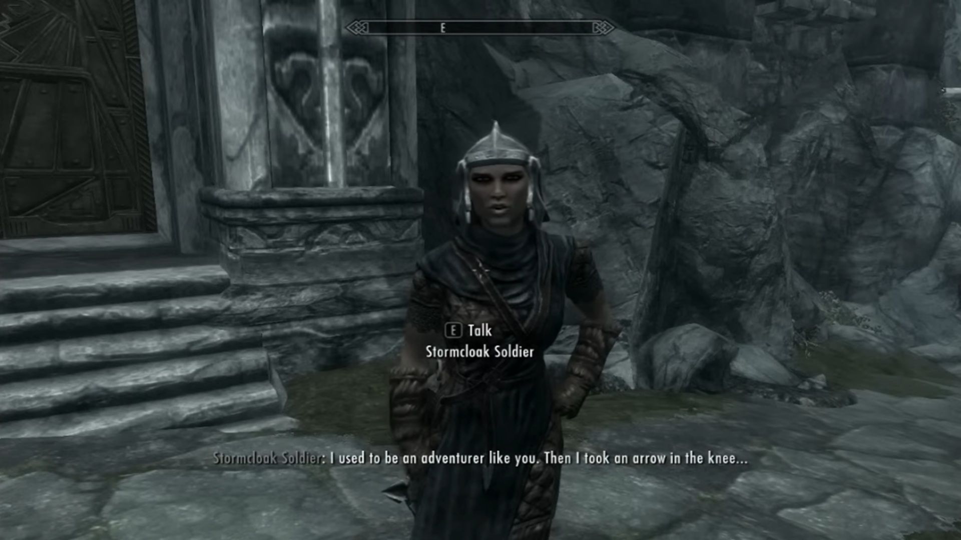 A screenshot of gameplay with talking to an NPC in The Elder Scrolls V: Skyrim