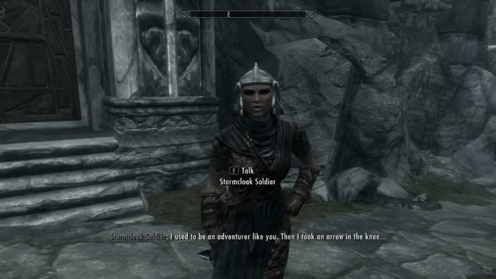 A screenshot of gameplay with talking to an NPC in The Elder Scrolls V: Skyrim