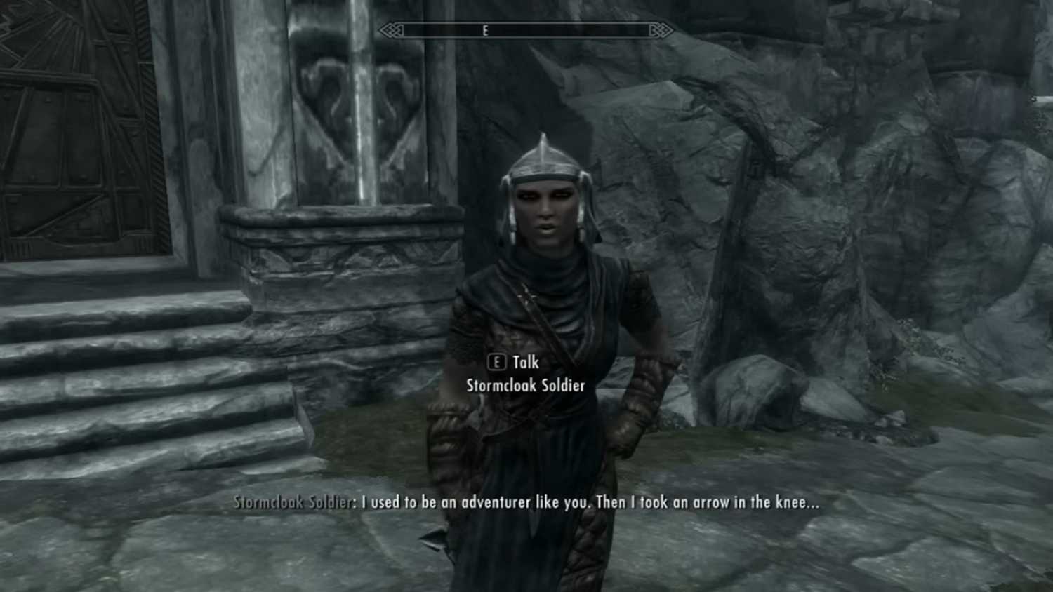 A screenshot of gameplay with talking to an NPC in The Elder Scrolls V: Skyrim