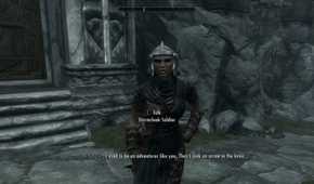 A screenshot of gameplay with talking to an NPC in The Elder Scrolls V: Skyrim