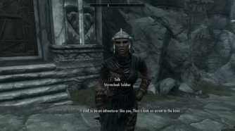 A screenshot of gameplay with talking to an NPC in The Elder Scrolls V: Skyrim