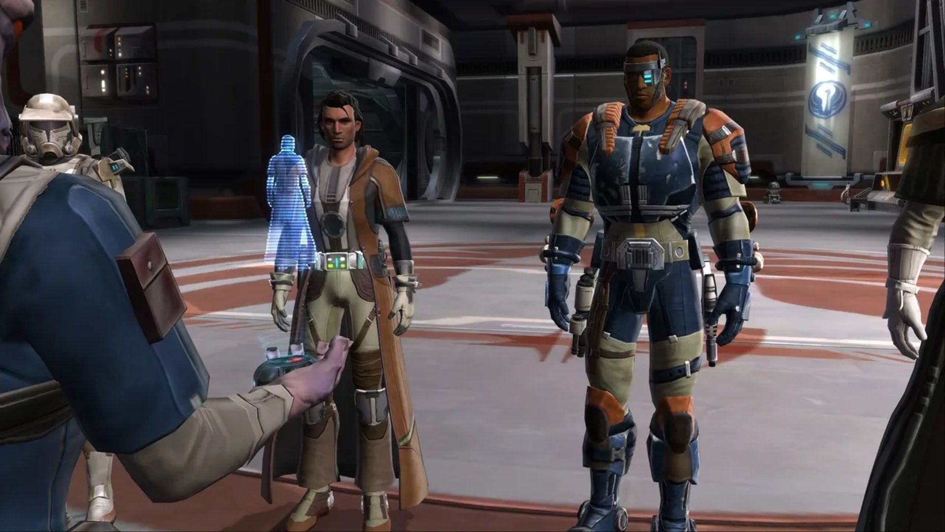 A screenshot of characters interacting during gameplay in Star Wars The Old Republic MMO