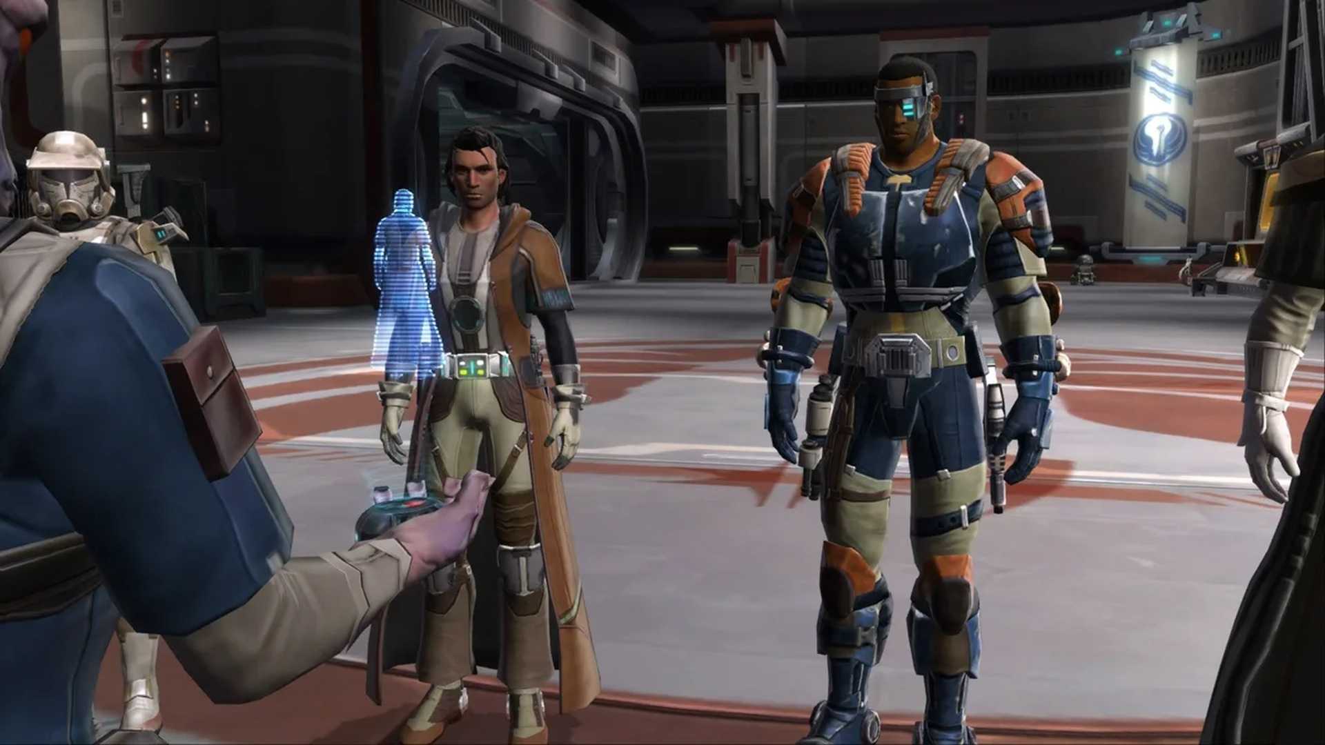 A screenshot of characters interacting during gameplay in Star Wars The Old Republic MMO