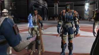 A screenshot of characters interacting during gameplay in Star Wars The Old Republic MMO