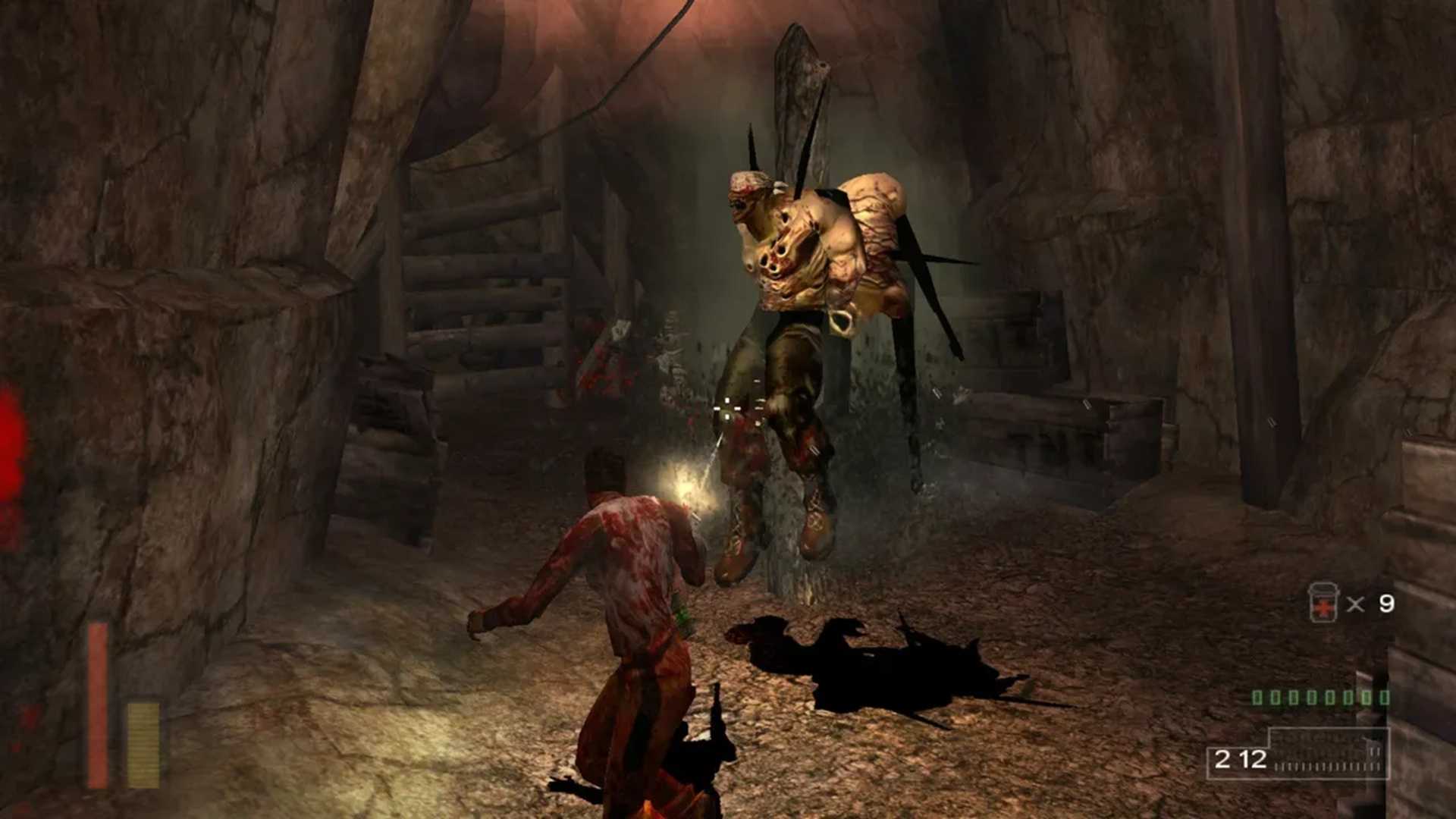 A screenshot of monsters being hung on a pillar in The Suffering