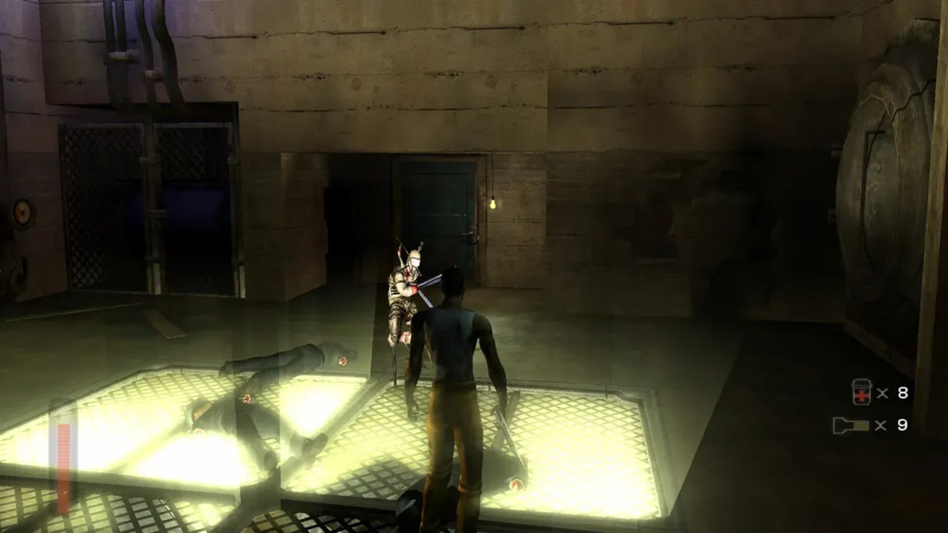 A screenshot of Torque fighting monsters within a cell area in The Suffering