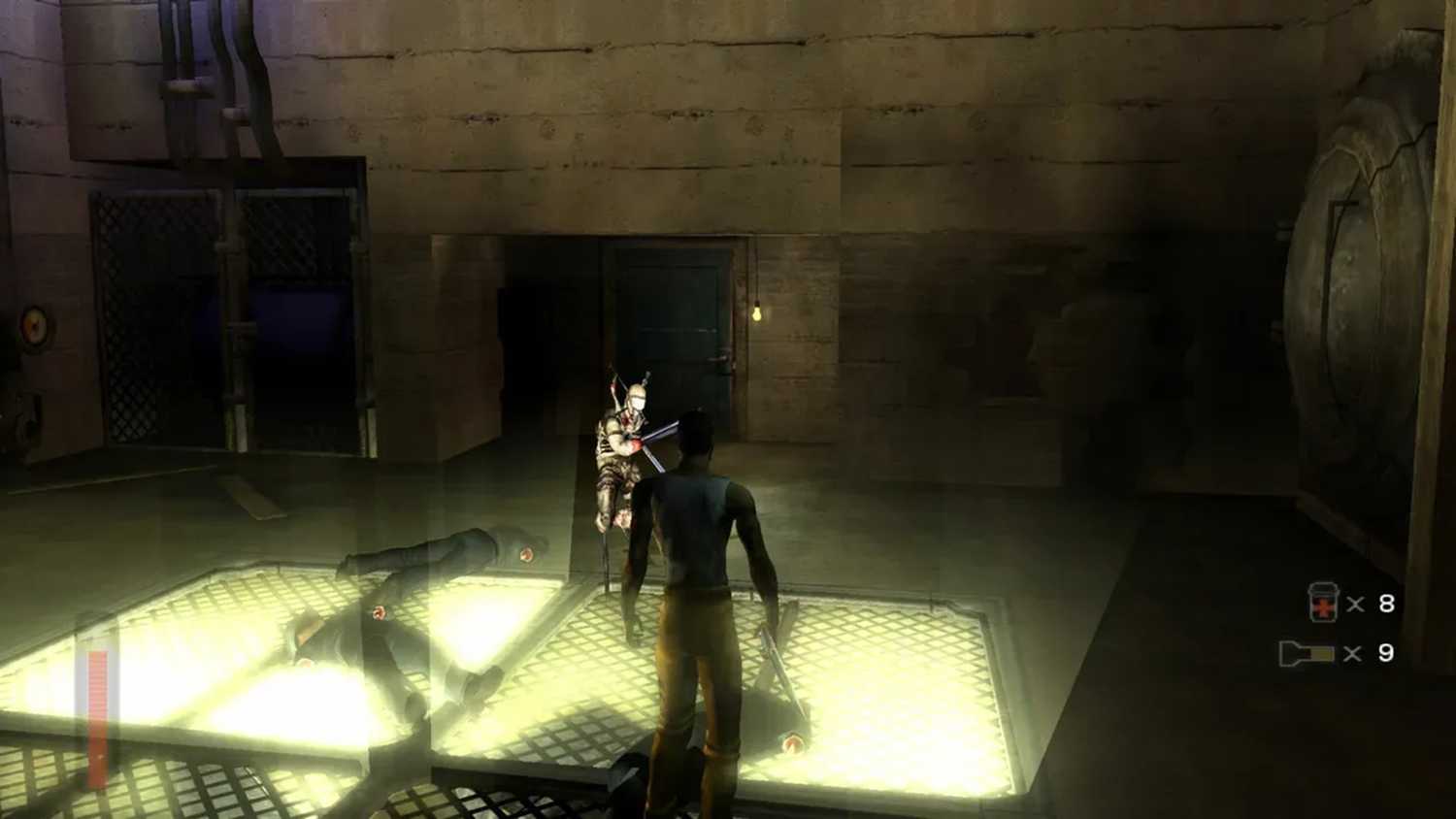 A screenshot of Torque fighting monsters within a cell area in The Suffering