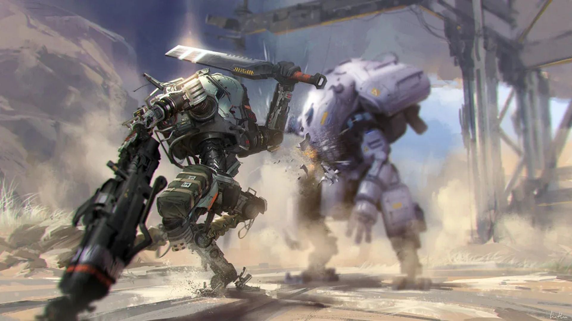 A screenshot of two mechs fighting each other in Titanfall 2