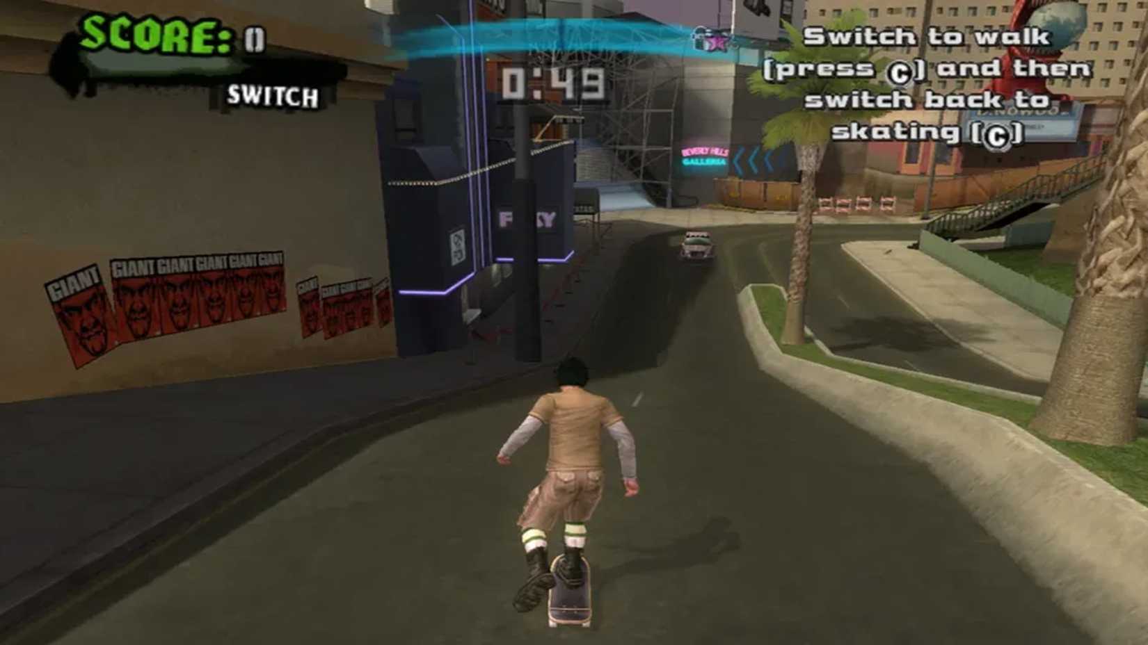 A screenshot of open-world skateboarding in Tony Hawk's American Wasteland