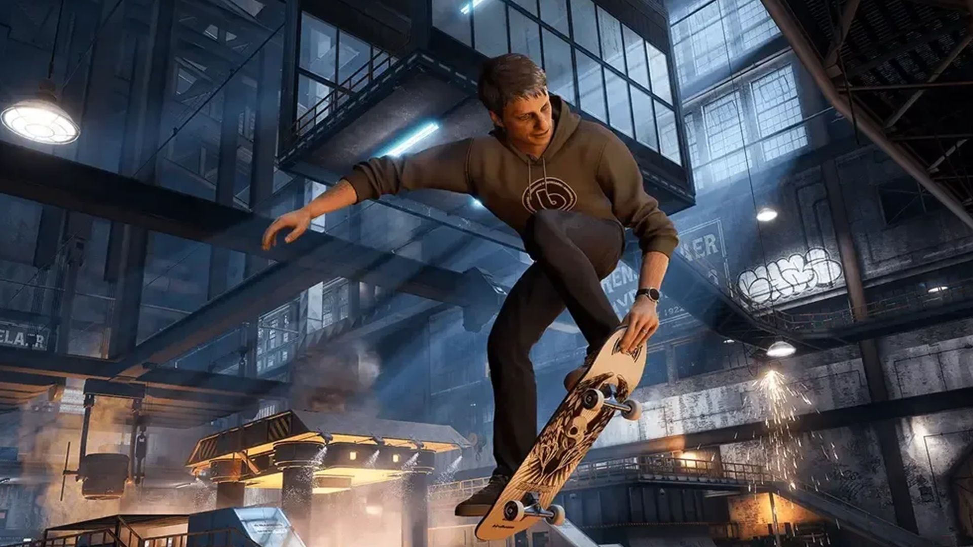 A screenshot of Tony Hawk in the Foundry stage from Tony Hawk's Pro Skater 3 + 4