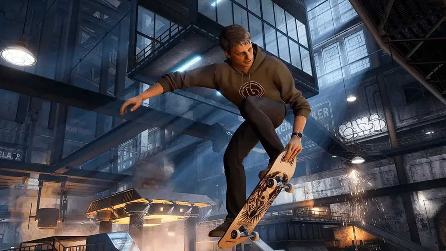 A screenshot of Tony Hawk in the Foundry stage from Tony Hawk's Pro Skater 3 + 4