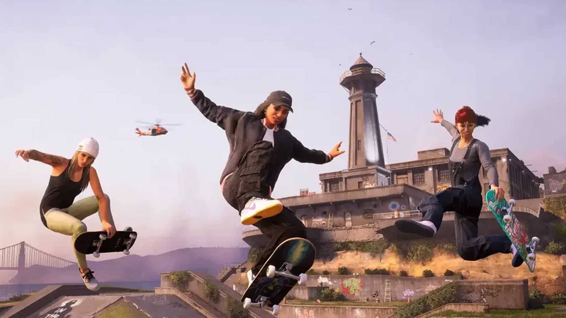 A screenshot of three skaters jumping together in Tony Hawk's Pro Skater 3 + 4