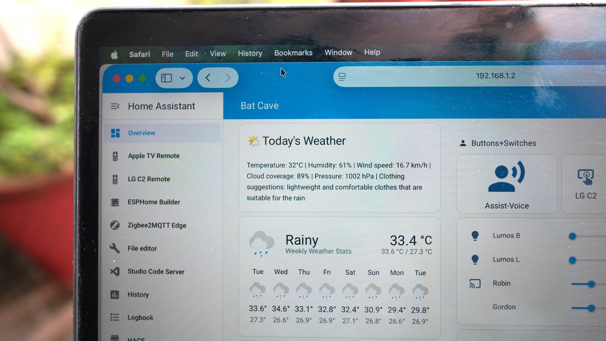 A photo of Home Assistant showing weather report generated using local LLM