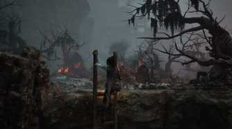 wuchang fallen feathers climbing a ladder in the burning forest