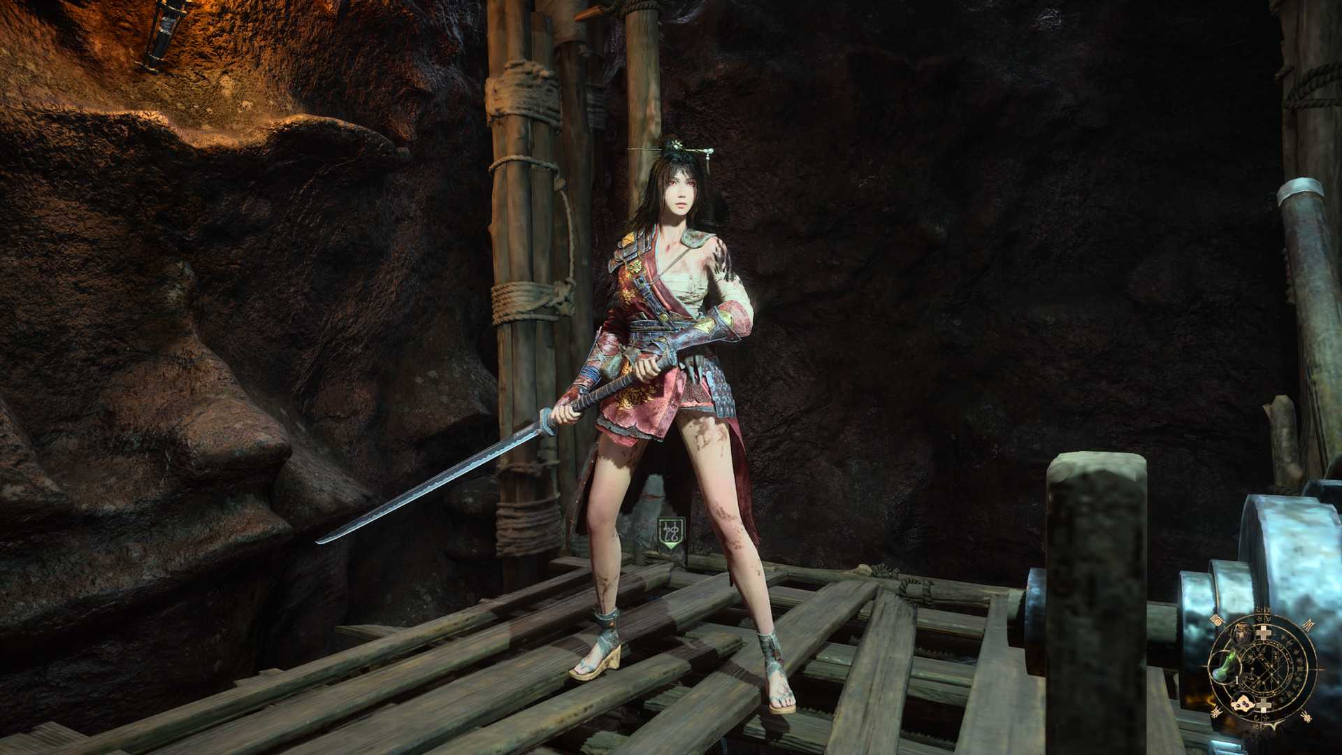 wuchang fallen feathers posing for a fit check on an elevator