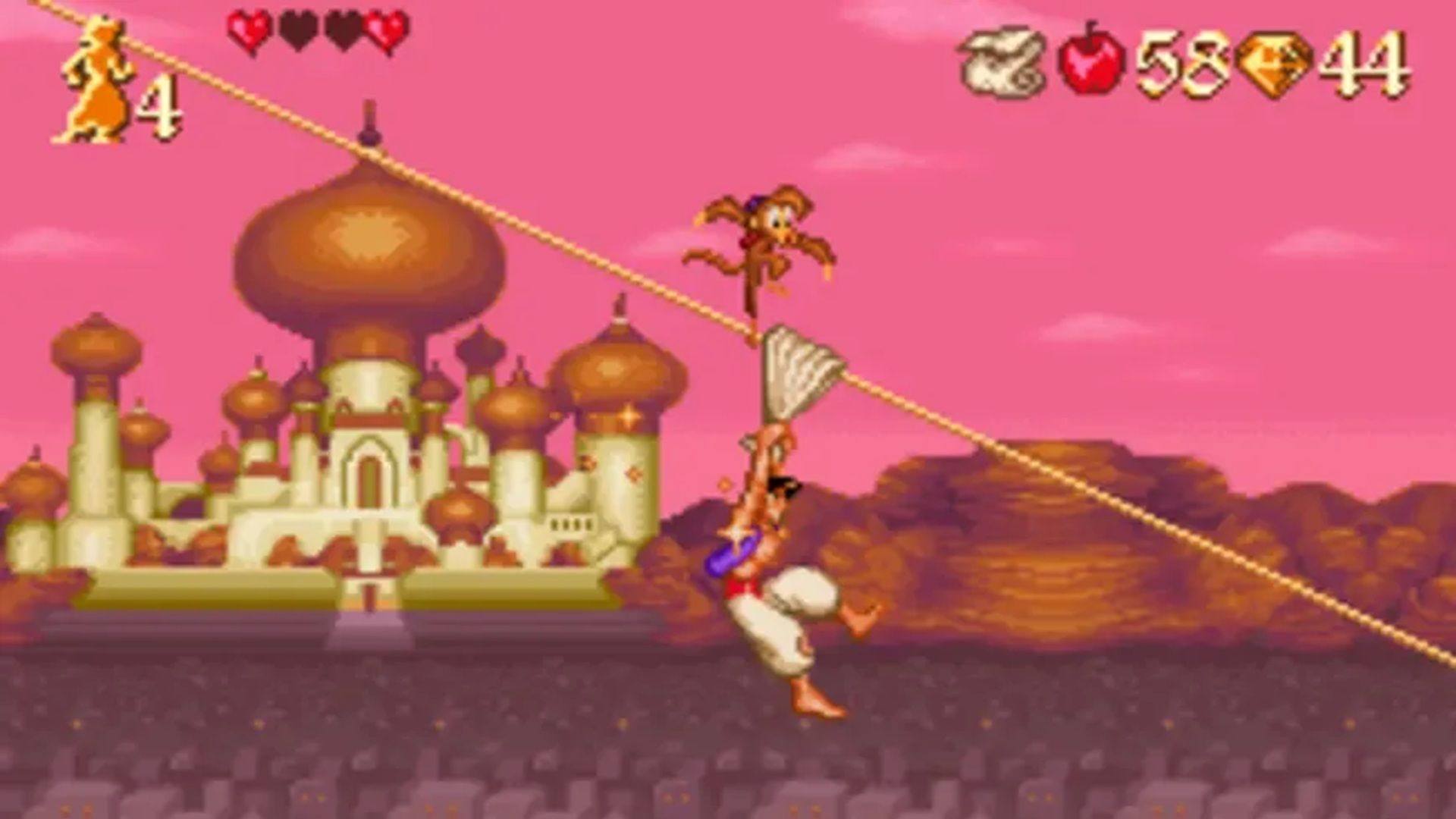 A screenshot of gameplay from the Super Nintendo version of Disney's Aladdin