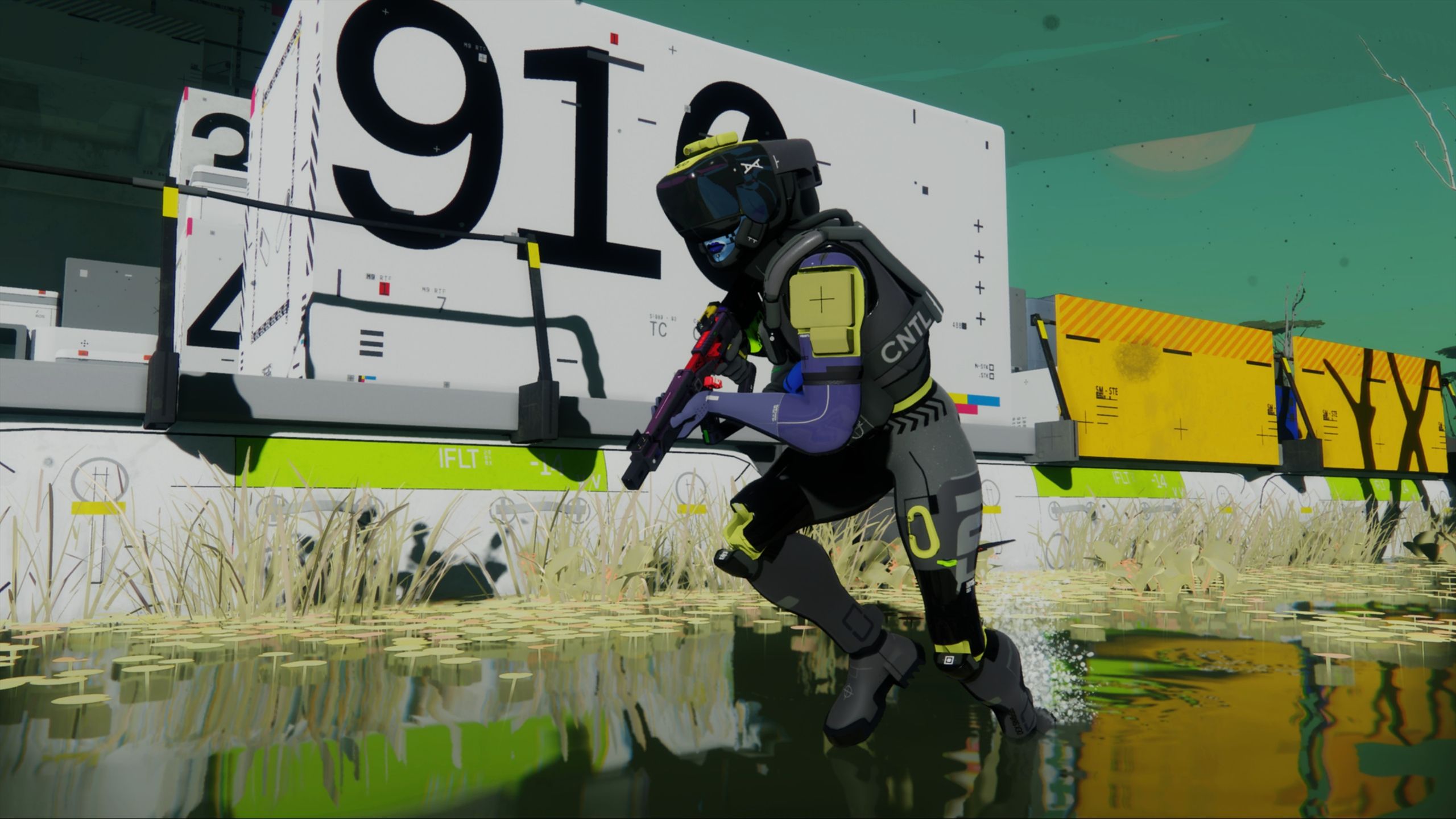 A player running through shallow water in Bungie's upcoming game, Marathon.