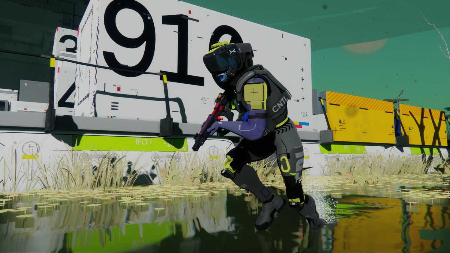A player running through shallow water in Bungie's upcoming game, Marathon.
