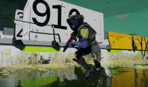 A player running through shallow water in Bungie's upcoming game, Marathon.