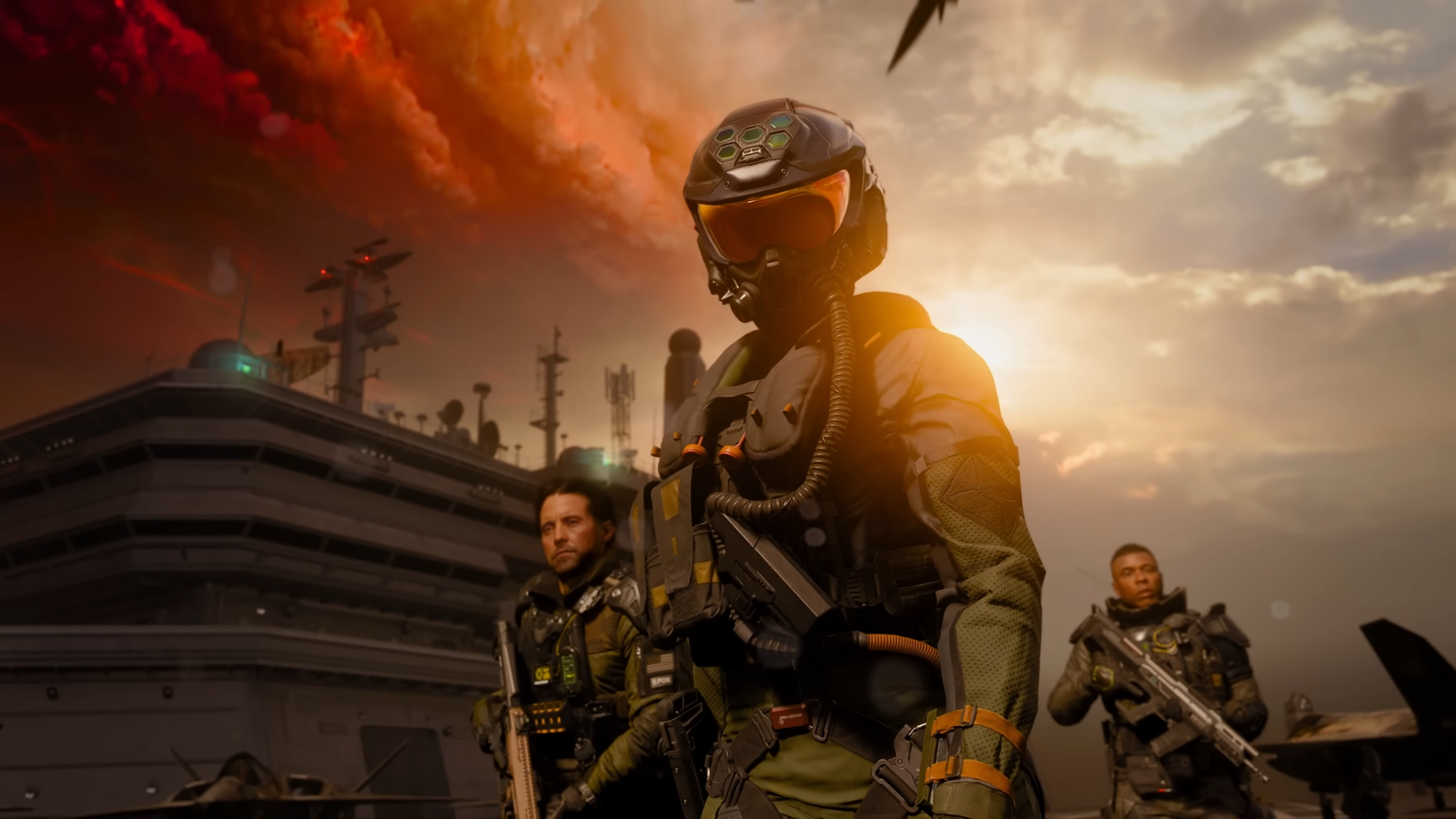 Three soldiers standing in a warzone