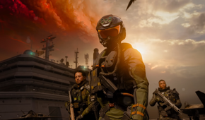 Three soldiers standing in a warzone