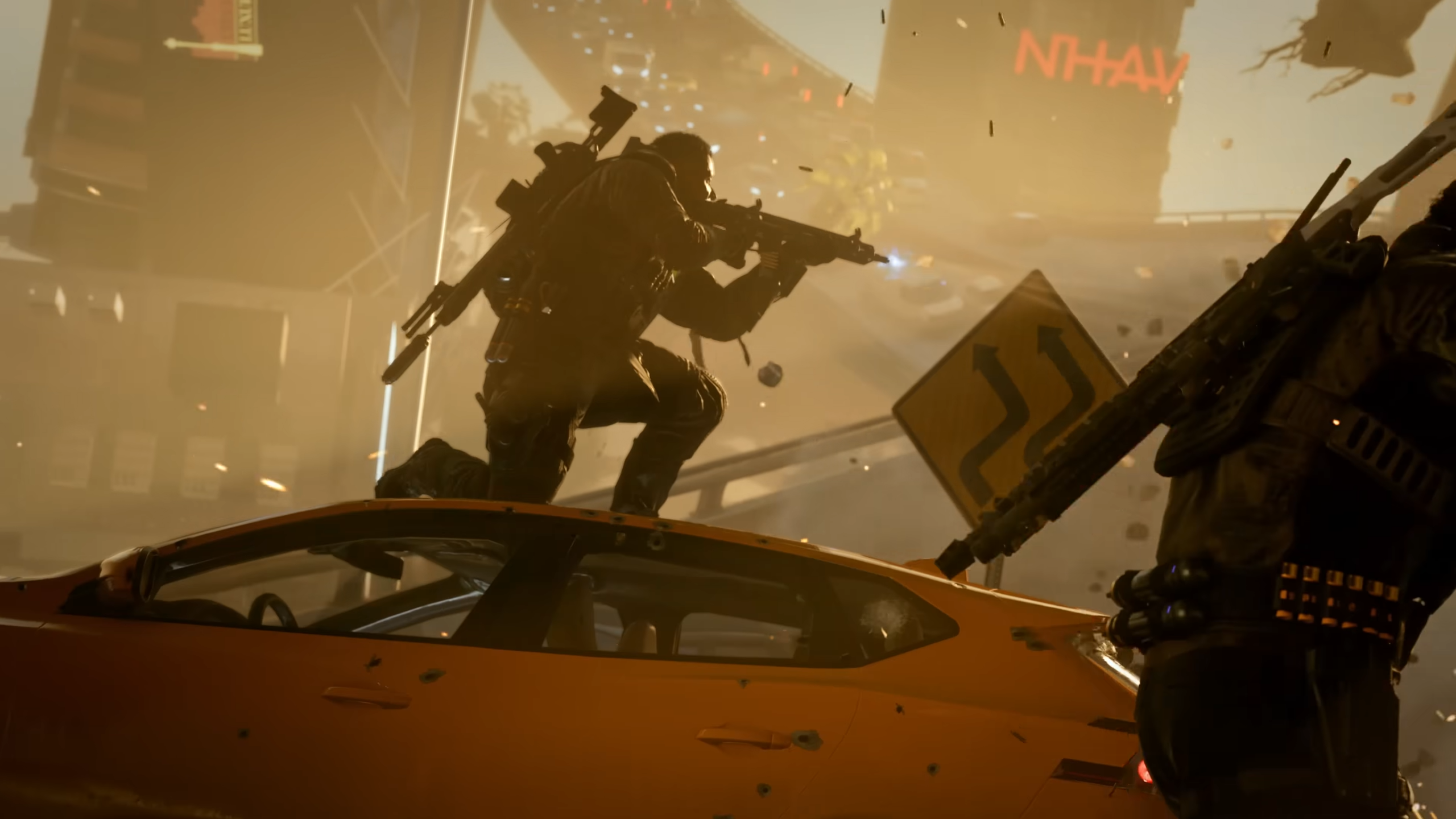 A screenshot of a soldier standing on a car in Call of Duty: Black Ops 7