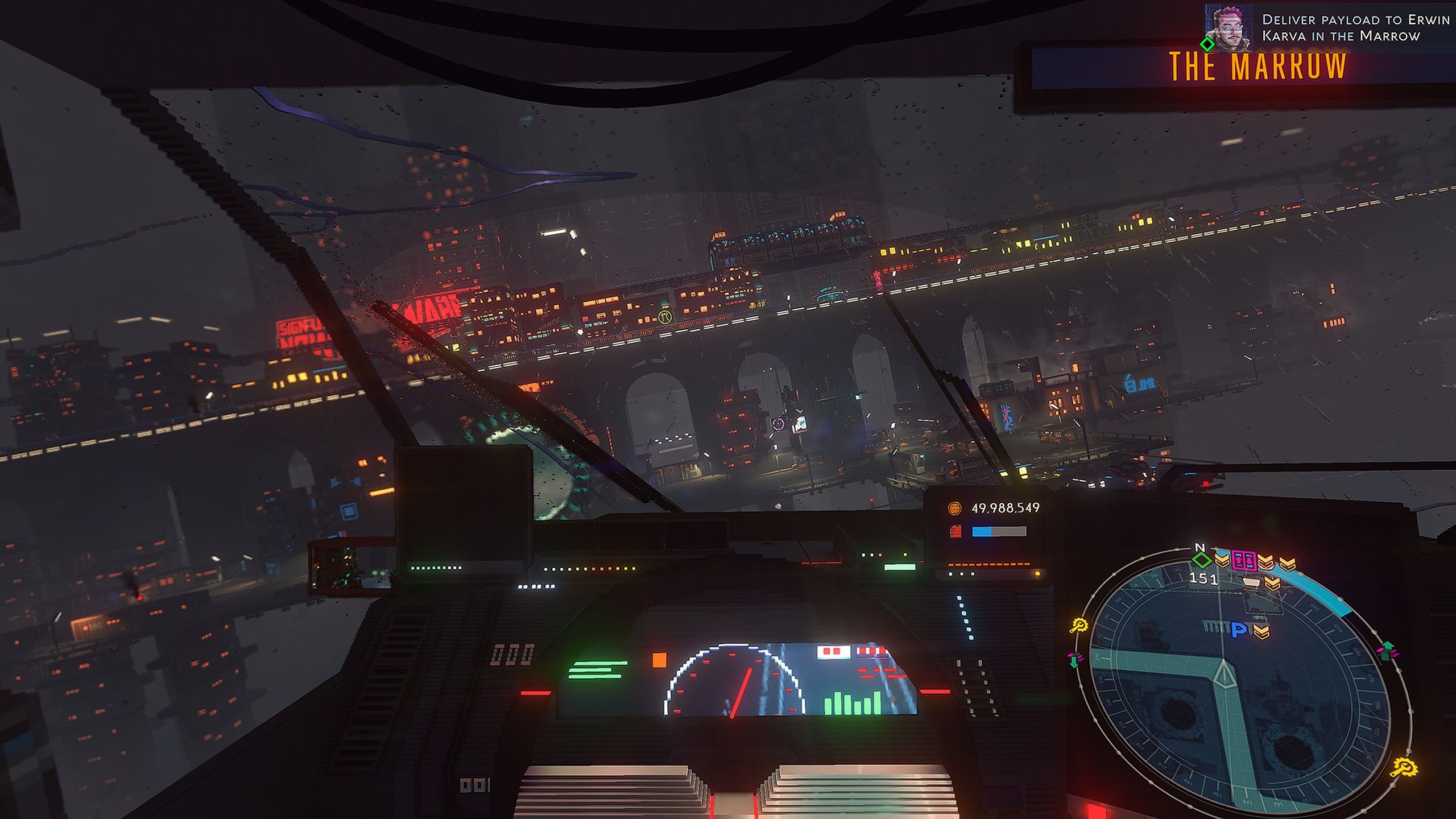 Cockpit view driving in Cloudpunk.