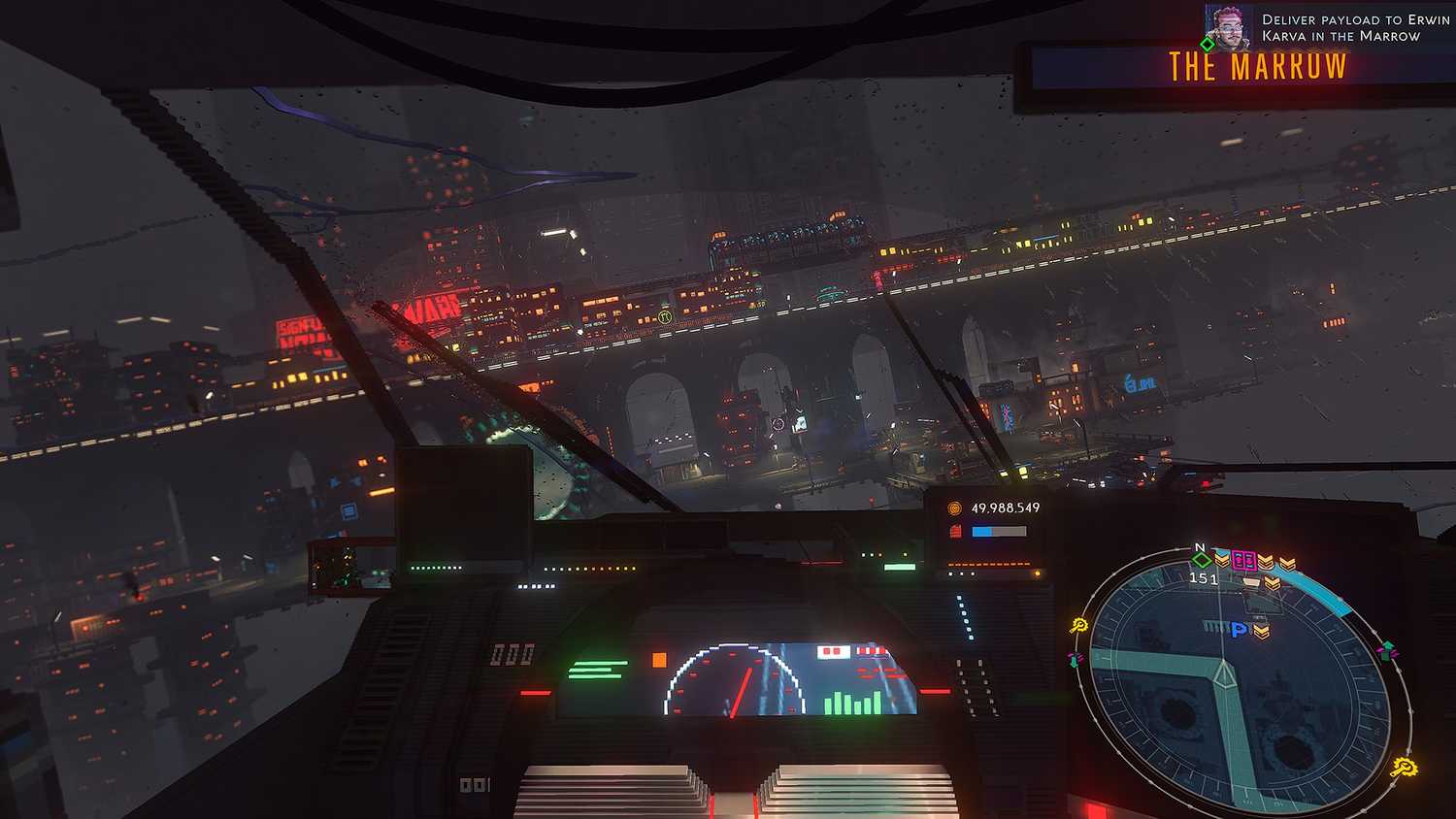 Cockpit view driving in Cloudpunk.