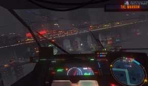 Cockpit view driving in Cloudpunk.
