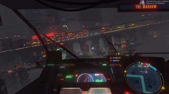 Cockpit view driving in Cloudpunk.
