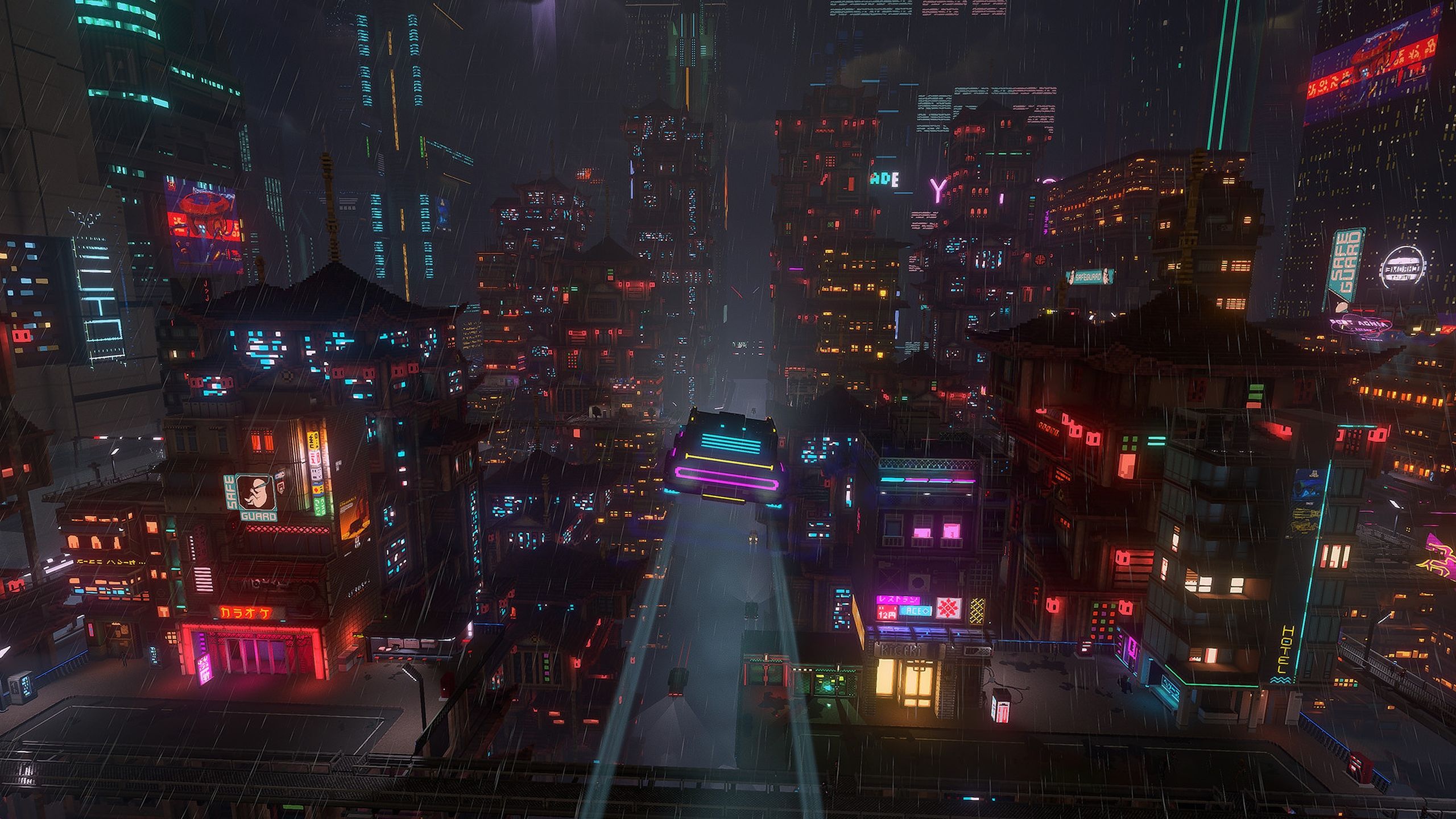 Driving in a hovering car in Cloudpunk.