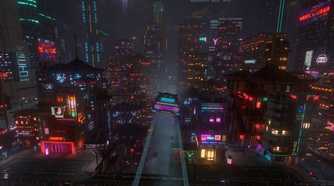 Driving in a hovering car in Cloudpunk.